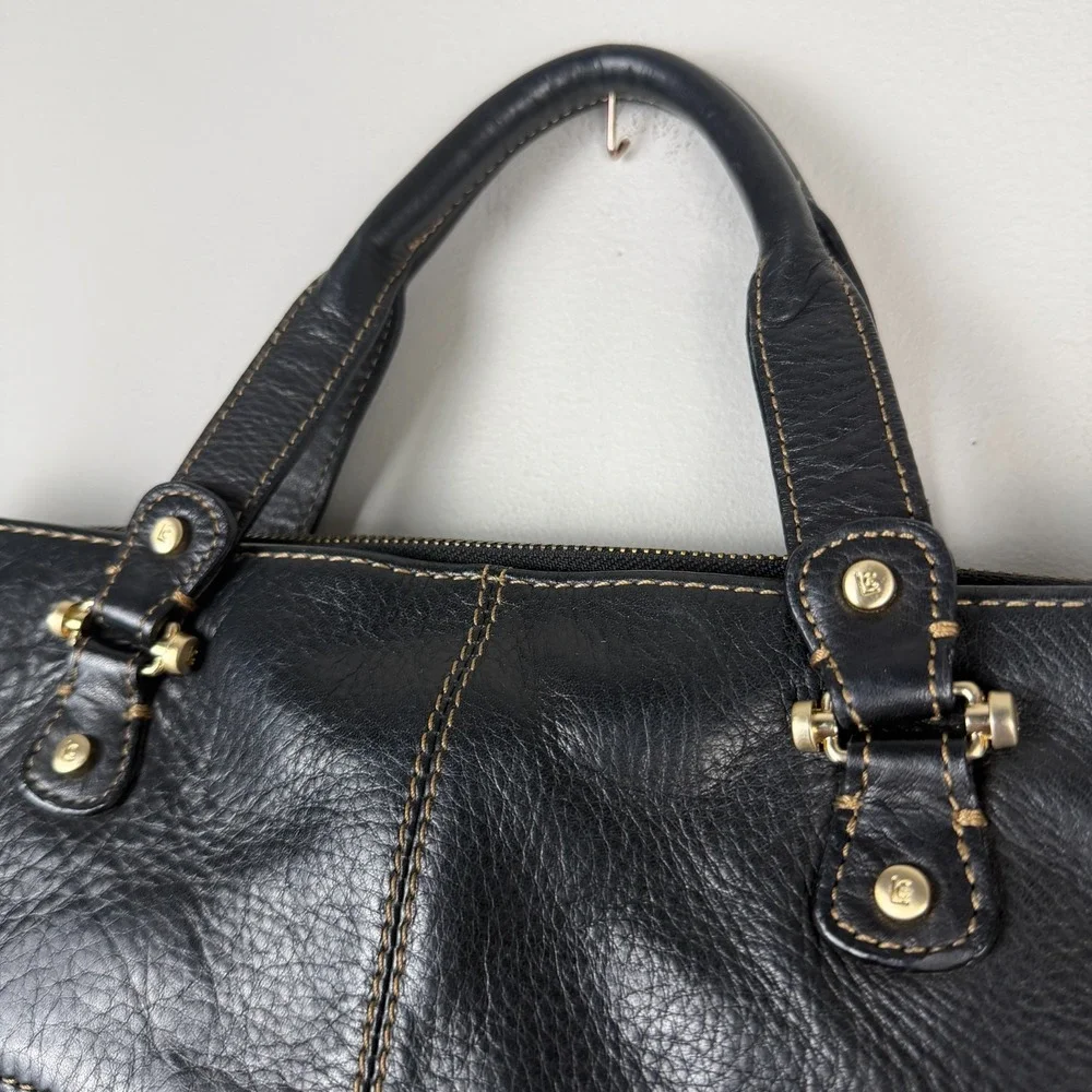 Liz Claiborne Briefcase Tote Bag Women's Black Leather Contrast Stitch Front Zip